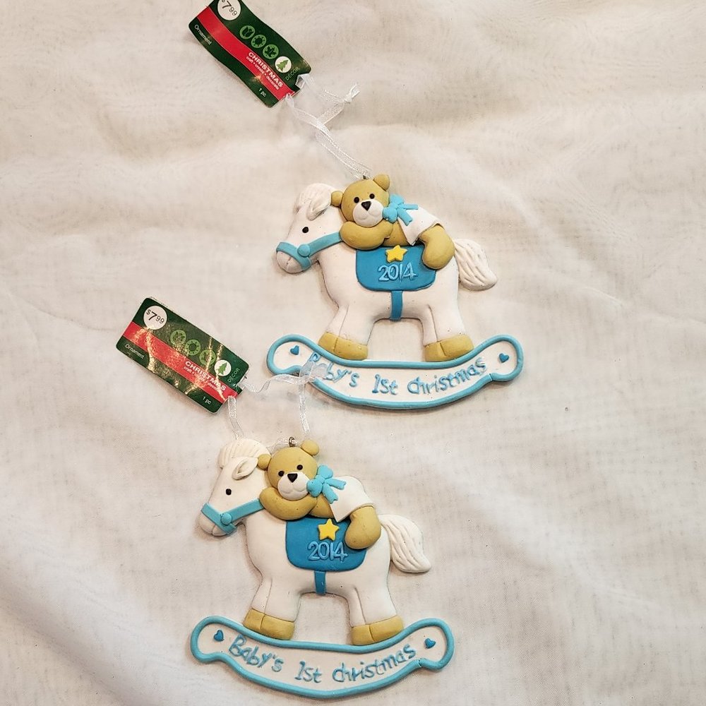 Baby Boy 1st Christmas teddy bear rocking horse ornaments set of two